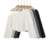 Street Pat Short Shoulder Curved Loose Long-Sleeved T-Shirt Personality Asymmetrical Fashion Tops Thin