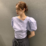 South Korea's New Summer Temperament Irregular Collar Design Sense Of Small Pressure Folding Bubble Sleeve Shirt Woman