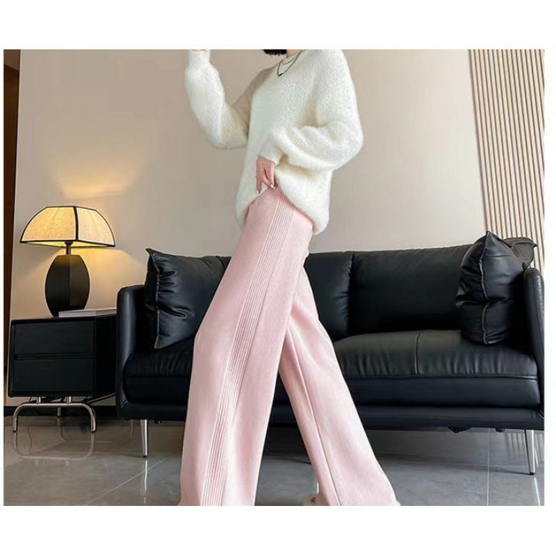 KANING Tight Waist Knitted Broad Leg Pants Women 2026 Autumn New High-Waist Design Feeling Solid Color Knitted Wool Trousers