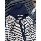 KANING Simple Color Buckle Hooded Striped Knitted Cardigan 2026 Autumn New Loose Thin Sweater Jacket