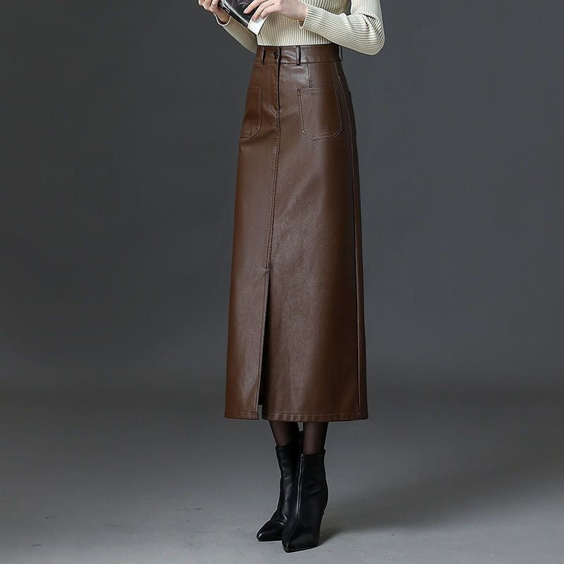 2025 Autumn And Winter High-Rise Straight Body Half Dress Female Version Of Fashion Large Size PU Leather Skirts Thin Dress