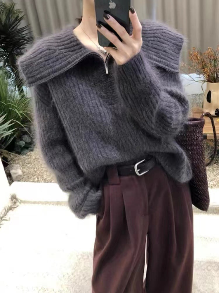 Kaning Solid Color Big Collar Pit Striped Sweater Women 2026 Autumn And Winter New Lazy Half Zipper Knitted Shirt Tide