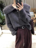 Kaning Solid Color Big Collar Pit Striped Sweater Women 2026 Autumn And Winter New Lazy Half Zipper Knitted Shirt Tide