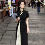 Summer Fashion Crumlore Retro Chinese Style Improved Cheongsam Buckle Dress Femininity Dress Dress Dress Long