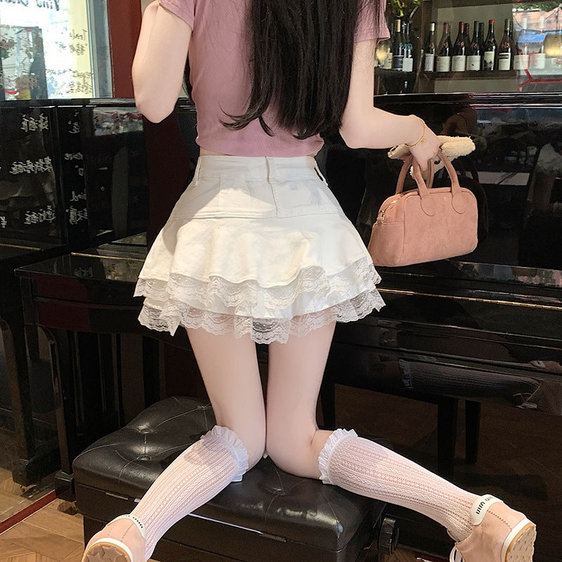 Real Shooting 2025 Pure-Hearted Hottie Design Elastic Denim Cake 100-Folded Skirt Skirt