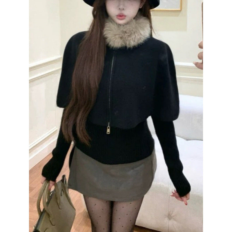 KANING Autumn And Winter New Gentle Wind Can Be Detachable Collar Cloak Shawl With Two Sets Of Knitted Shirt Tops