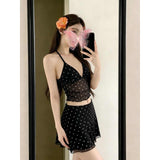 Fashion Korean Style Retro Wave Dot Mesh Yarn Babes Sling Women Summer High Waists Thin Pure Desire Casual Short Skirt Set