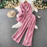 Gentle-Wind Pink Lace Spliced Lap-Over Shirt Long-Lens Waist Coat Two Sets Of High-Rise Thin Leg Pants