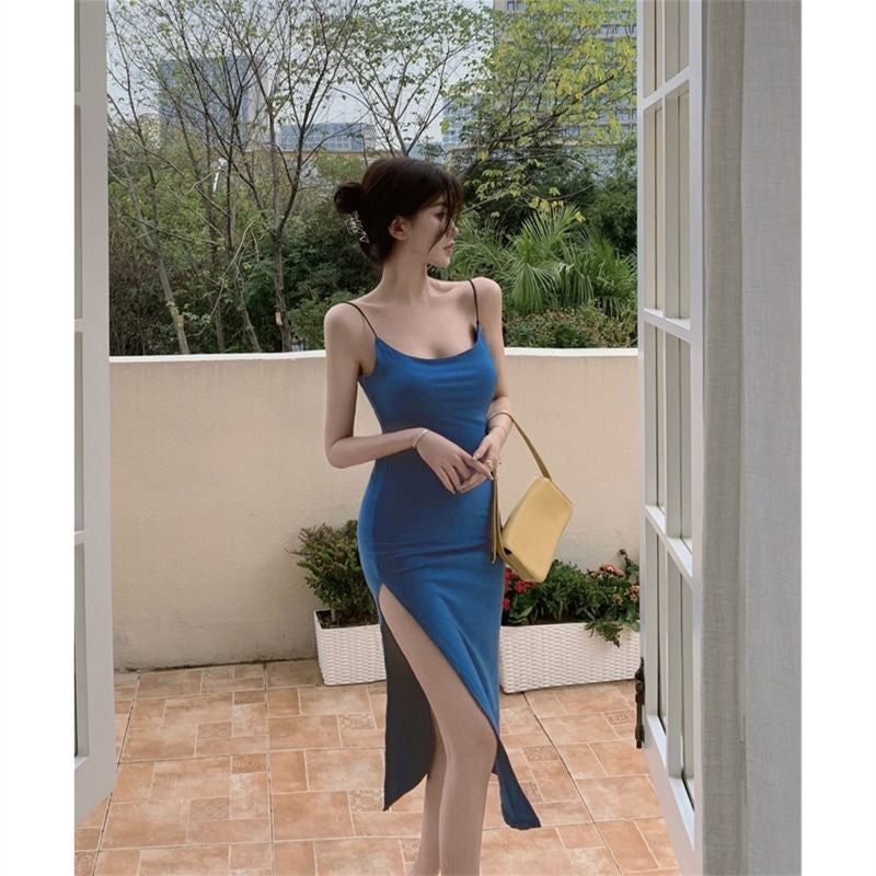 Pure-Style Sexy Blue Sling Dress Women's Summer Korean Version Slim Thin Open Fork And Hip Long Skirt