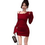 Pure Babes Black Oblique Shoulder Dress Women 2025 Autumn Design Horn Sleeves A Word Shoulder Tight Hip Skirt