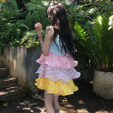 Color Three-Dimensional Flowers Open Shoulder Wave Point Hanging Neck Dress Women Summer Sweet Wind Splicing Cake Skirt Skirt Skirt