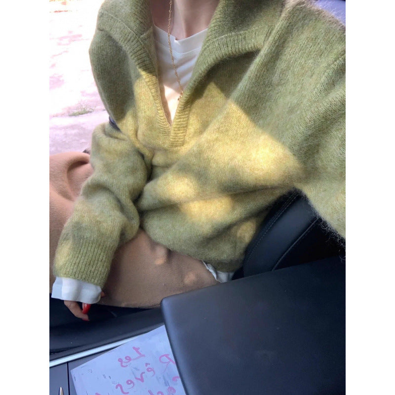 LEKA Old Money Wind Green V Lame Sea Hair Sweater Women Autumn And Winter Lazy High Sense Thick Collar Knitting Top