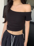 Sexy Hottie Shoulder Slim Short-Sleeved T-Shirt Girl Summer New Fashion Pure Want To Show Thin Umbilly Bottom Tops Women T