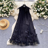 Gentle Wind Neck Bow Tie Hanging Neck Sleeveless Dress Female Three-Dimensional Butterfly Yarn Fairy Dress