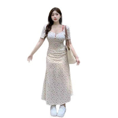 Large-Size French Small Floral Temperament Dress Women's Summer Fat Mm New Waist Display Thin Belly Long Skirt