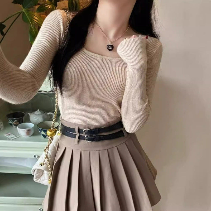 KANING Knitted Bottom Sweater Women's Autumn And Winter 2026 New Body Repair Collar Long Sleeves Short Female Top