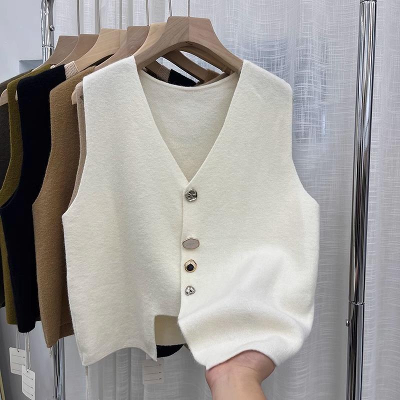 Designing A Small-Sized Button Irregular Vest Knitted Vest Woman's New Autumn 2025 Loose Outside The Shoulder