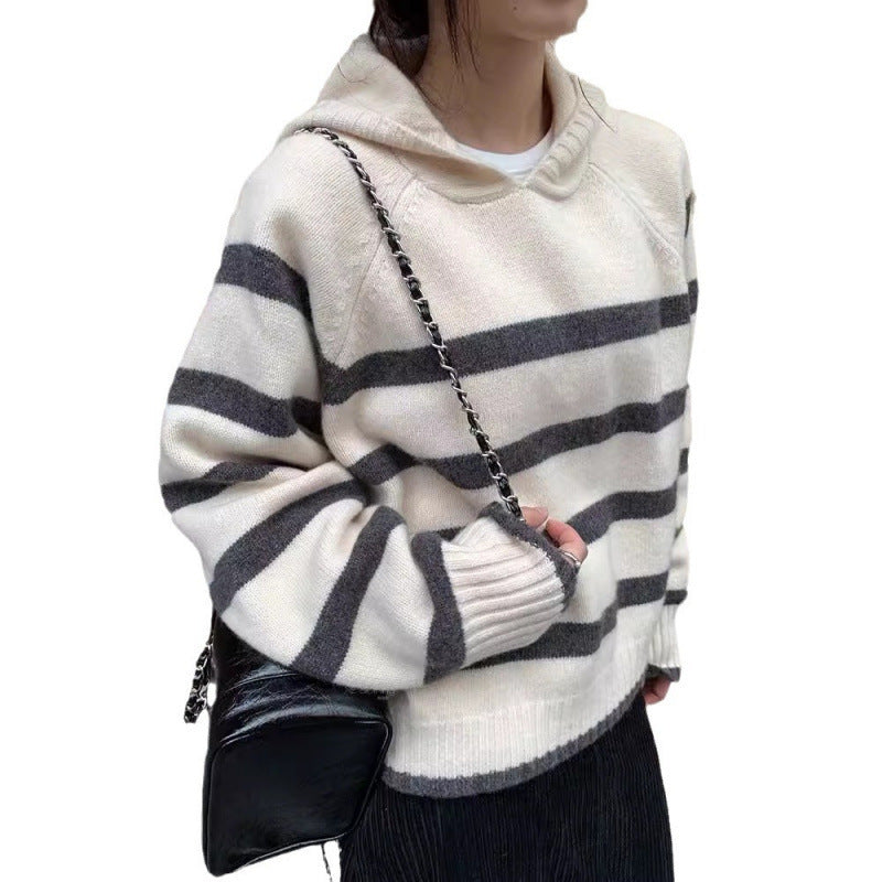 KANING Korean Version Of Soft-Finish Striped Hooded Sweater Women 2026 Autumn And Winter New Design Sense Fashion Loose Knitting Shirt