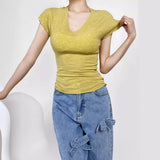 Pure-Want Summer Thin Fashion Simple V Collar Side Short Sleeve Half Sleeve Thin Tight Sexy Shirt T-Shirt