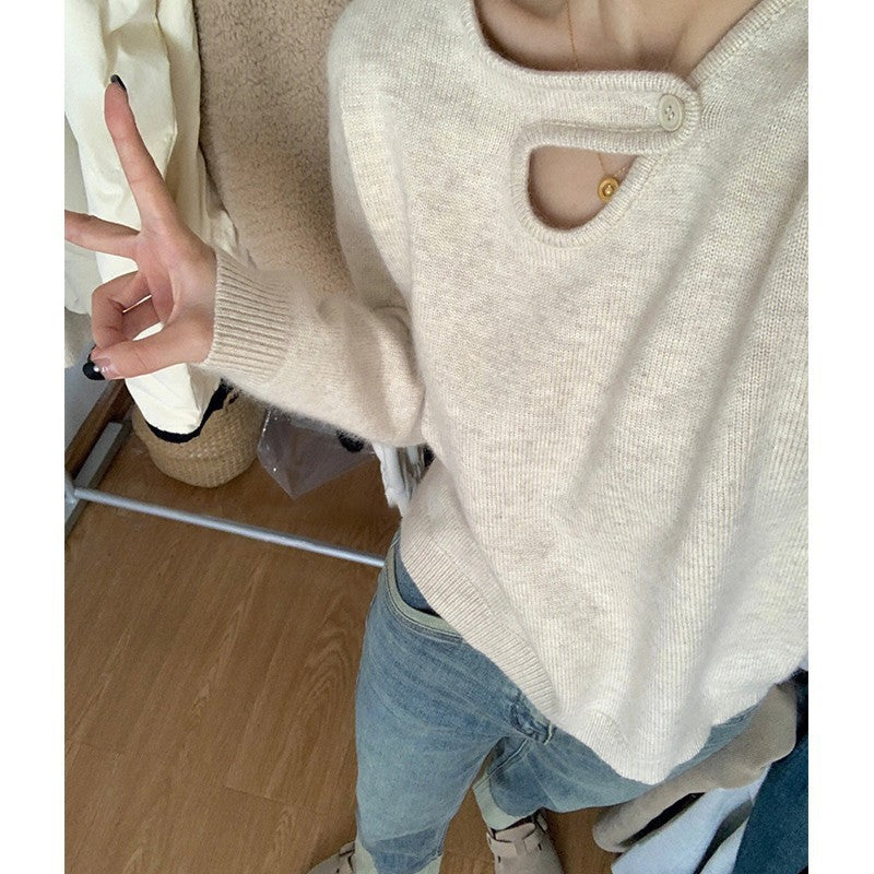 Autumn And Winter New Set-Up Head Design Hollow Solid Color Niche Lazy Wind Under The Bottom Knitted Shirt Top