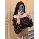 Sexy Pure Desire A Word Shoulder Long-Sleeved T-Shirt Girl Short Umbilled Double-Decker Chiffon + Super Soft Hottie Top Girl Summer