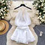 Pure Desire To Hang Neck Nail Beads Hanging Dress Goddess Fan Temperament Waist Lotus Leaf Side Chiffid Skirt Fairy Style Holiday Dress