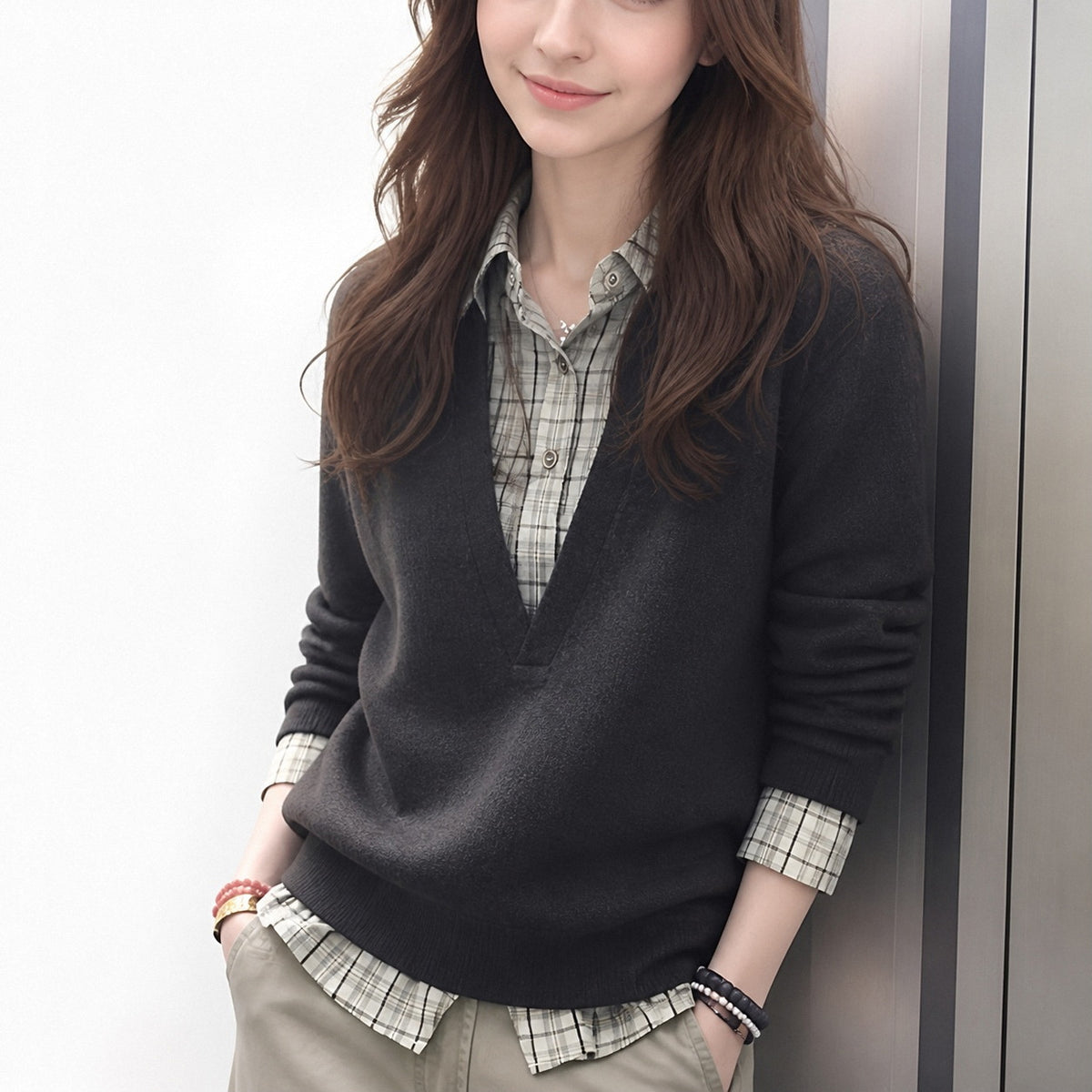 LEKA Collar Splicing Fake Two Knitted Top Women In Early Autumn Loose Leisure Lazy Wind Inside A Sweater