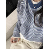KANING Blue Wave Striped Knitwear 2026 Autumn And Winter New Lazy Wind Collar Bump Color Retro Sweater Woman