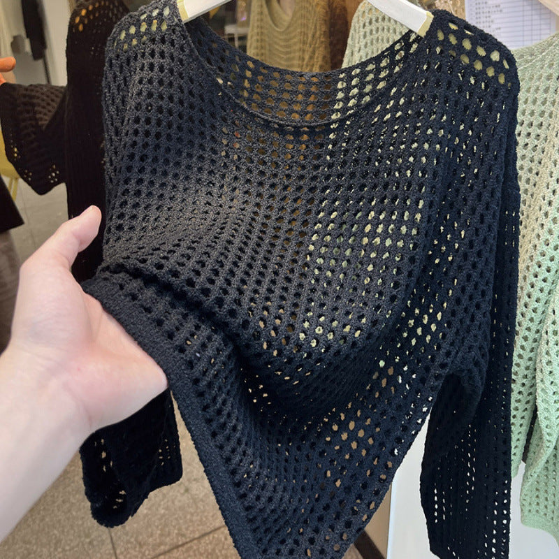 Kaning Long-Sleeved Hollow Knitted Net Shirt Women 2026 Summer And Autumn New Mesh Hooding