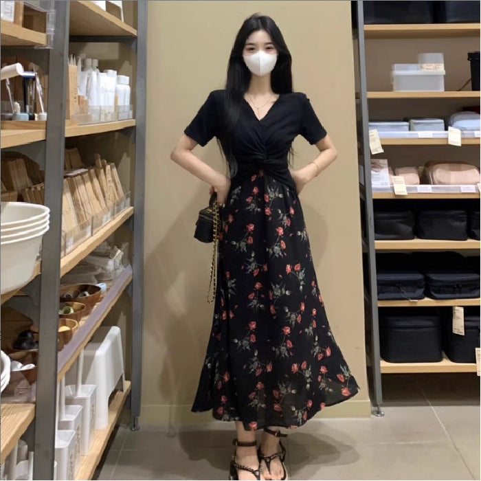 Large-Size Tea Break French Dress Xia Heben Style Two Broken Floral Skirt Fat MM Waist Show Thin Skirt