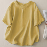Vintage Weaving Cotton Shirt Femininity Wooden Collar Shirt Summer Short-Sleeved Top