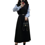 Autumn Fake Two-Piece Colliding Shirt Sleeve Dress Female High-Grade Temperament A Word Mid-Long Dress