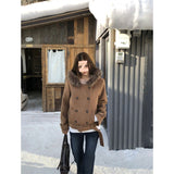 [Wrepe Warmed With 450 Grams Of Velvet] Double Buckle Collar Hooded Coat Women's Autumn And Winter New Top
