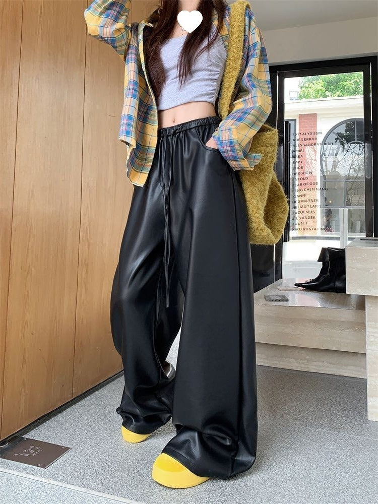 Black Leather Pants 2025PU Slacks Autumn And Winter High Waist Thin Straight New Pants Loose Mop