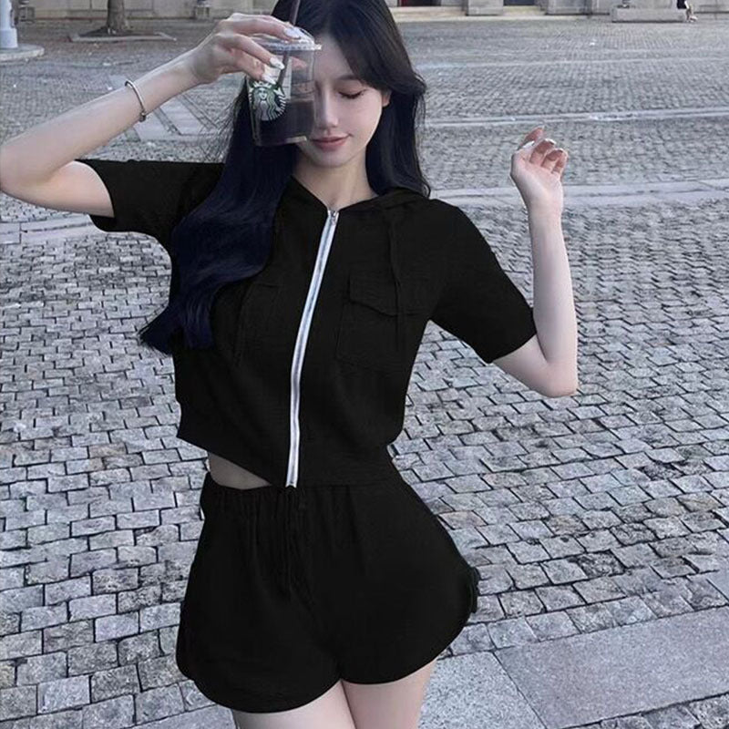 Casual Small Zipper Hoodie Hoodie Draw Shorts Set Of Women's Summer Cute Sports Style Two Sets
