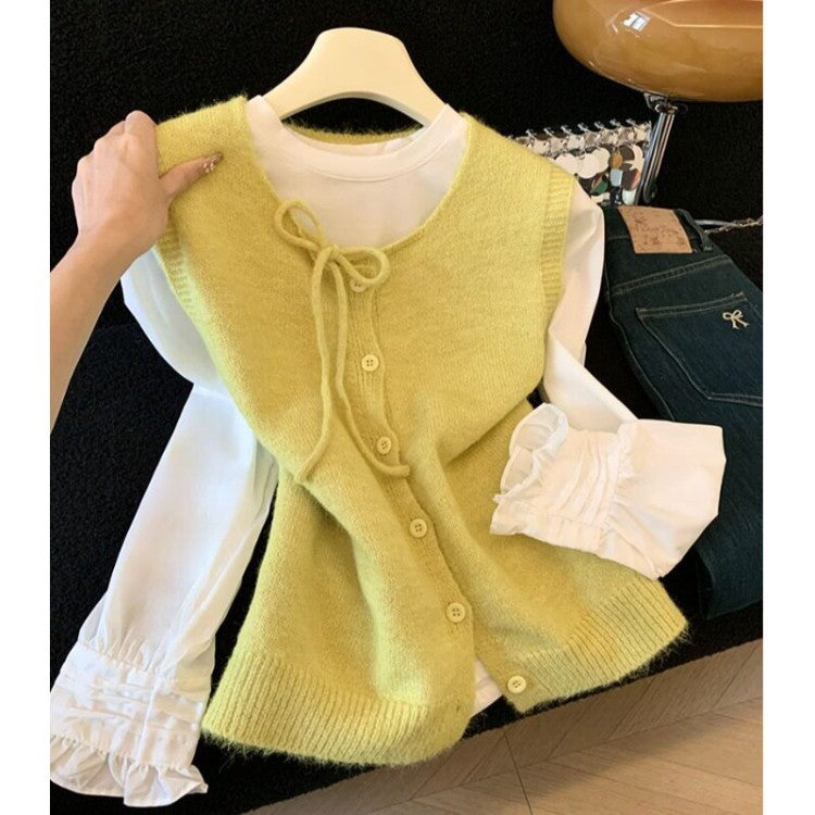 3.5/New In Spring XUAN XIAO JIE Gentle Wind Tie Knitted Vest Cardigan Woman