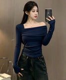 Sexy Hottie Velvet Wrinkled Body Shoulder Bottom Top Girl Spring And Autumn Pure Desire To Play Bottom Long-Sleeved T-Shirt