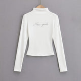 Hottie Autumn Hot Diamond Half High-Neck Long Sleeve Tight Short T-Shirt Solid Simple Top