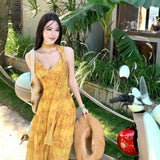 French Holiday Style Yellow Dizzling Fluttering With V-Neck Sling Dress High-End Women's Summer Show Back A Long Dress