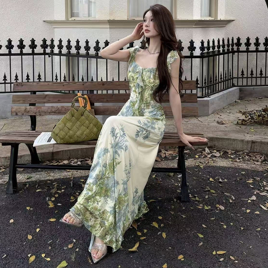 New Sensing Fengfeng High-Sensing Printed Flying Sleeve Dresses Women's Summer Bags And Buses Long Dresses