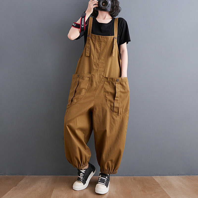 Loose Literature And Art Casual Back Pants Fat Sister Large Size Women's Summer Solid Color Big Pocket Workwear Harlan Pants
