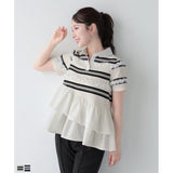 New Summer Cotton Striped Short-Sleeved Splicing Lotus Side Coat Fashion High-End Breathable Top