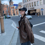 Vintage Brown Leather Women's Short 2026 Spring And Autumn Small Korean Version Of Loose Leather Jacket Handsome Locomotive Jacket