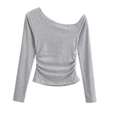 Autumn New Blogger Pure Lusty Slant Shoulder Plus Velvet Long Sleeve Bottom Shirt