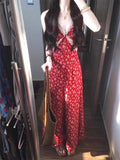 Seaside Vacation Red Broken Flowers With Tie Dress Dress Women's Summer 2025 New Small Temperament Long Dress