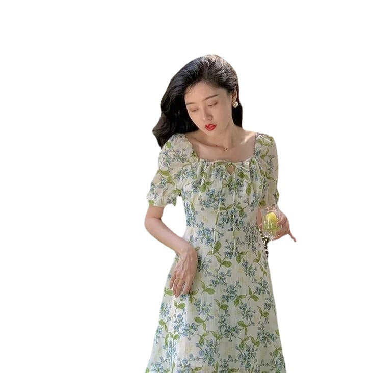 French Strapped With Broken Flower Dress Women's New Summer Long High-Rise Thin Open Fork Skirt Tide Collar