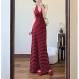 French Retro Sweetheart V-Neck Red Wave Dot Hanging Neck Dress Women's Summer Bare Back Strap With Sleeveless Vest Dress
