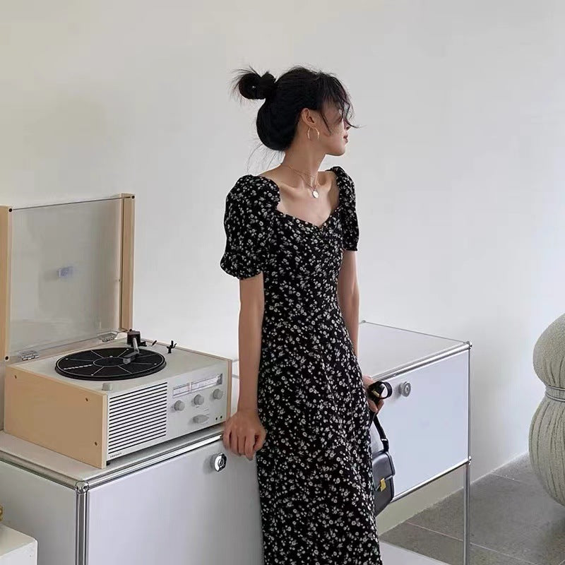 French Floral Dress Women's Summer Collar Bubble Sleeve Open Forked Waist Temperament Tea Break Long Skirt