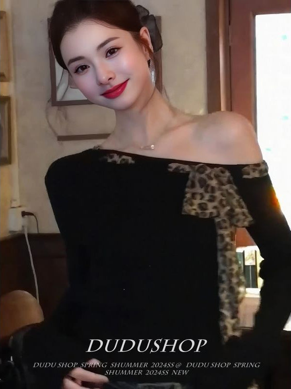 Vintage Pure Babes Leopard-Print Bow Tie With T-Shirt Women's Early Autumn Design Embstaple Shoulder Coat