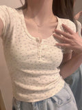 Summer New U-Necked Broken Flower Short Sleeves Short Shoulder Blouse Girl Slimming Bottom Small Fresh T-Shirt Girl